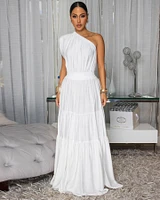 Belkys Off-White Single Shoulder Tiered Maxi Dress