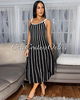 Farida Black White Stripe Knit Midi Dress