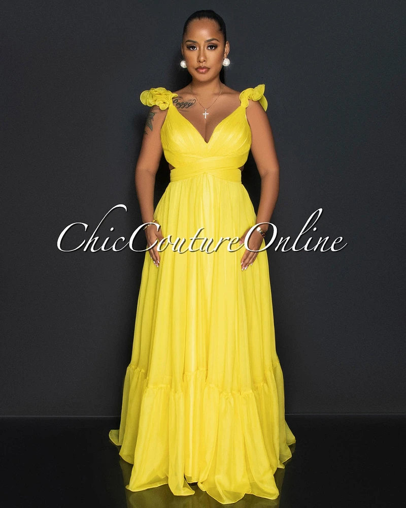 Palmer Yellow Drape Bust Ruffle Sleeves Maxi Dress