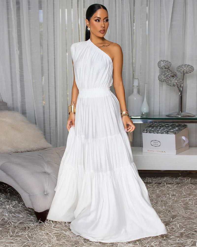 Belkys Off-White Single Shoulder Tiered Maxi Dress