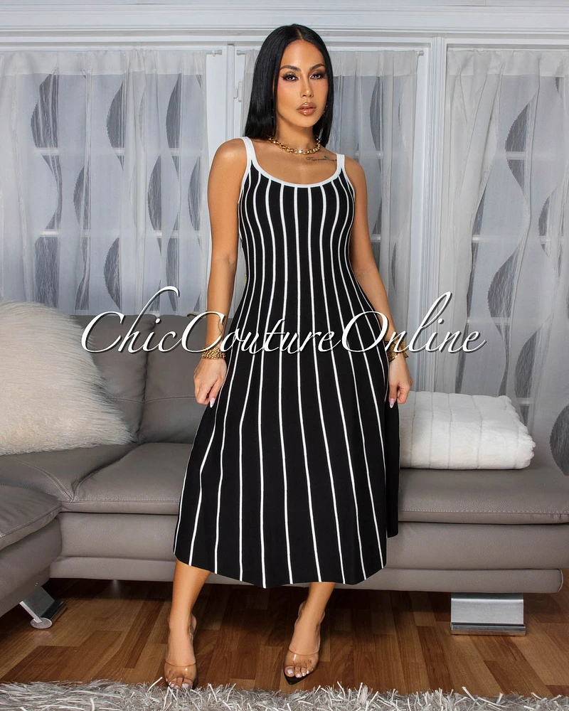 Farida Black White Stripe Knit Midi Dress