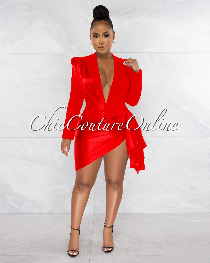Vilina Red Silky Draped Overlay Bodysuit Dress