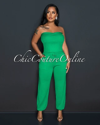 Odeth Green Strapless Crop Top & Knit Joggers Set