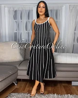 Farida Black White Stripe Knit Midi Dress