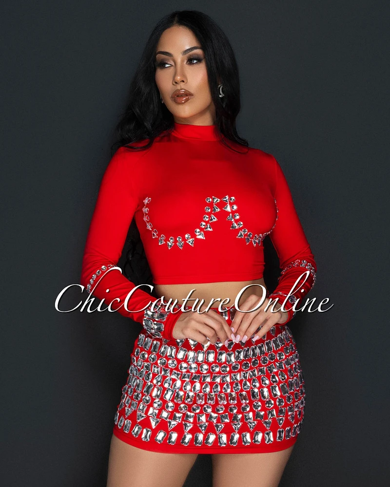 Birka Red Rhinestones Crop Top & Mini Skirt Set