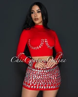 Birka Red Rhinestones Crop Top & Mini Skirt Set
