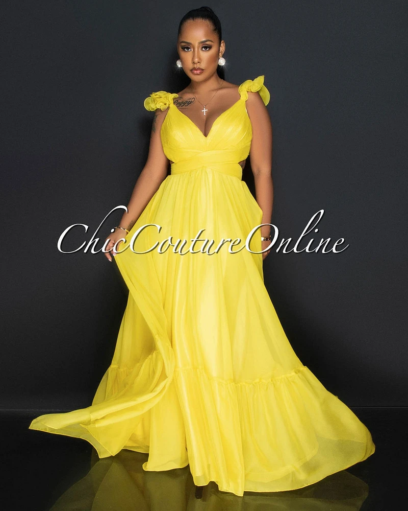 Palmer Yellow Drape Bust Ruffle Sleeves Maxi Dress