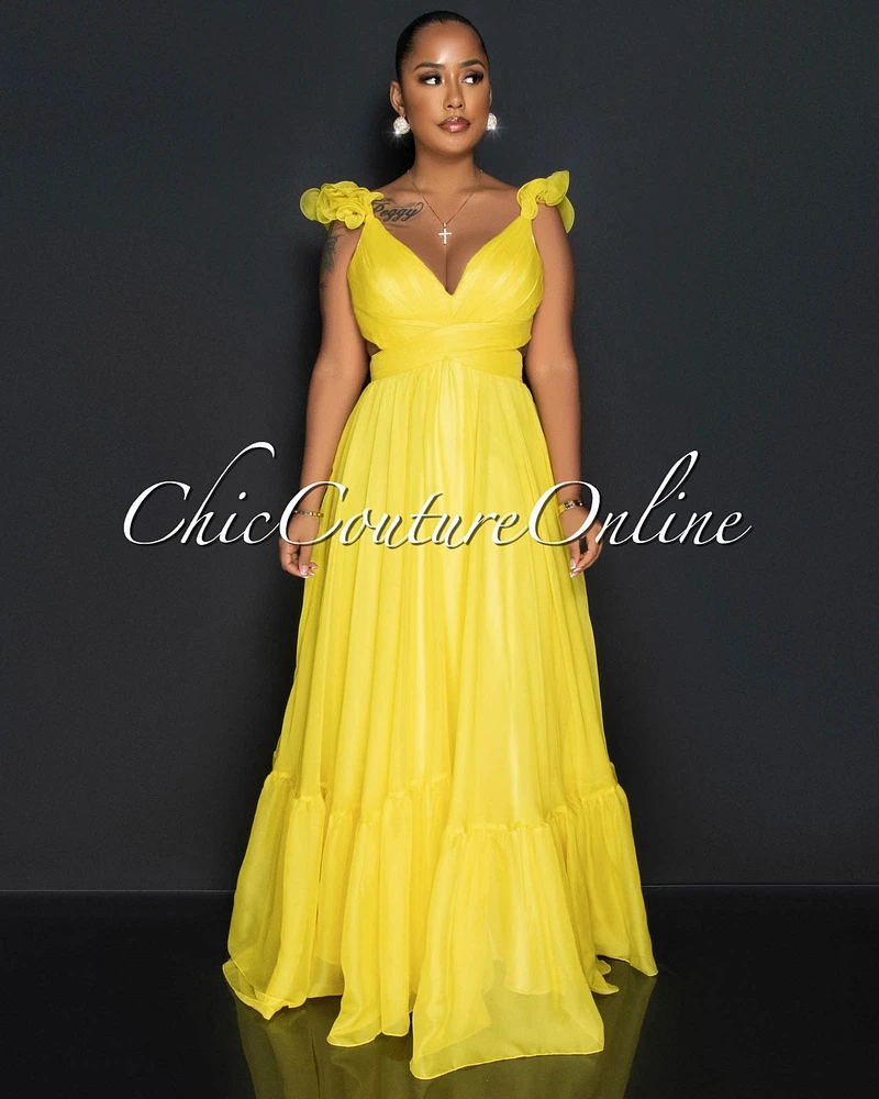 Palmer Yellow Drape Bust Ruffle Sleeves Maxi Dress