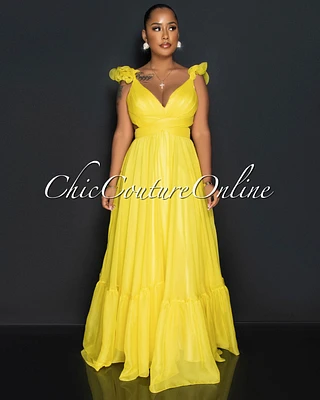 Palmer Yellow Drape Bust Ruffle Sleeves Maxi Dress