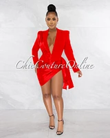 Vilina Red Silky Draped Overlay Bodysuit Dress