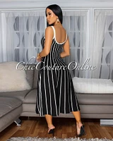 Farida Black White Stripe Knit Midi Dress