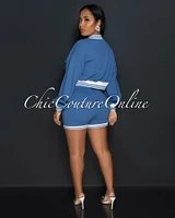 German Blue White Trim Romper w Bomber Jacket Set