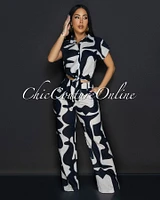 Ginella Black Nude Collared Top & Pants Set