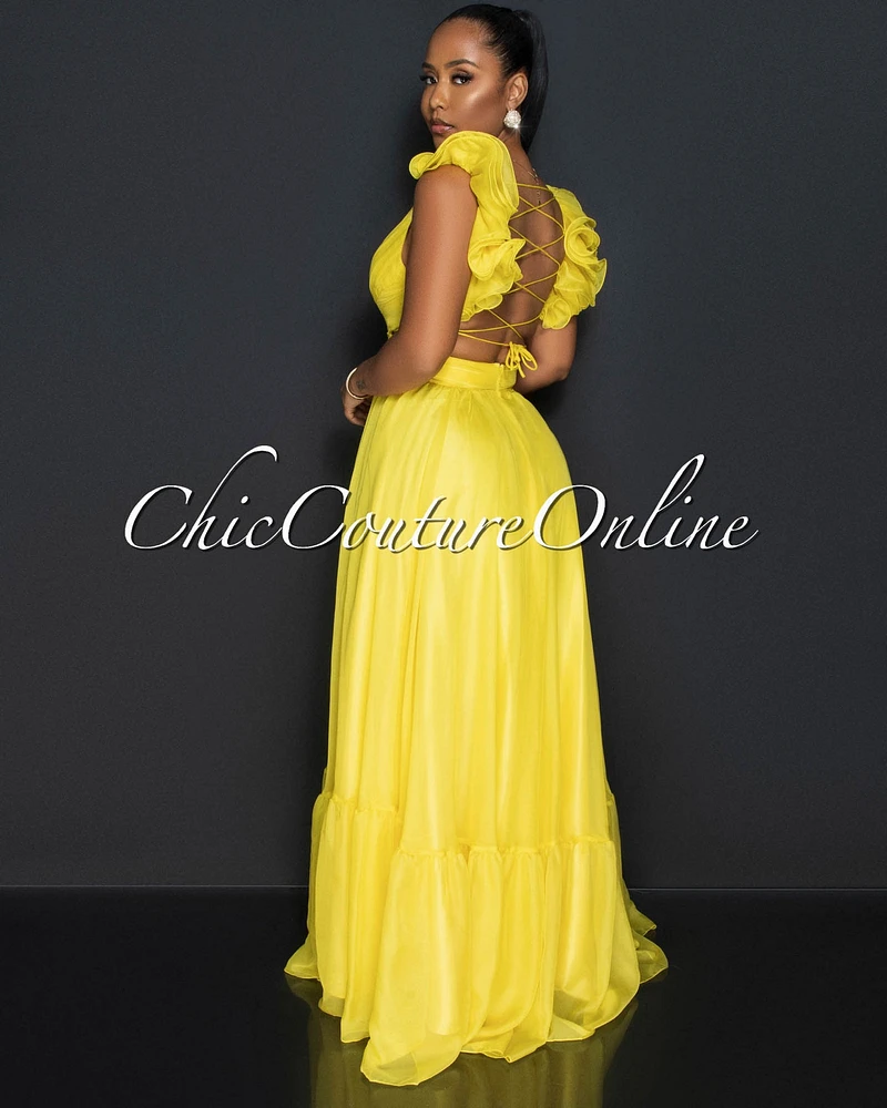 Palmer Yellow Drape Bust Ruffle Sleeves Maxi Dress