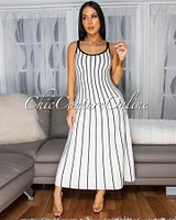 Farida Off-White Black Stripe Knit Midi Dress