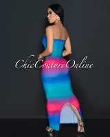 Ozlem Fuchsia Blue Ruched Tube Maxi Dress