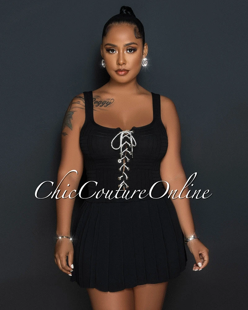 *Barney Black Rhinestones Lace-Up Top & Mini Pleated Skirt Set