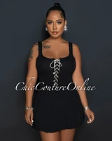 *Barney Black Rhinestones Lace-Up Top & Mini Pleated Skirt Set