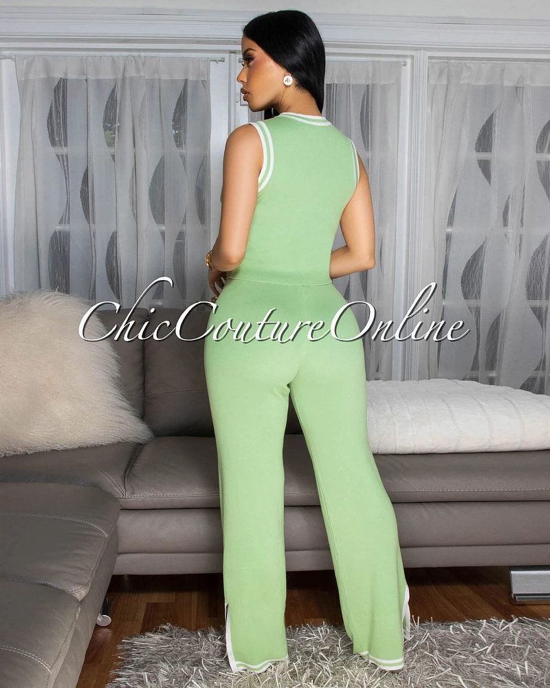 Annika Light Sage Green White Trim Knit Pants Set