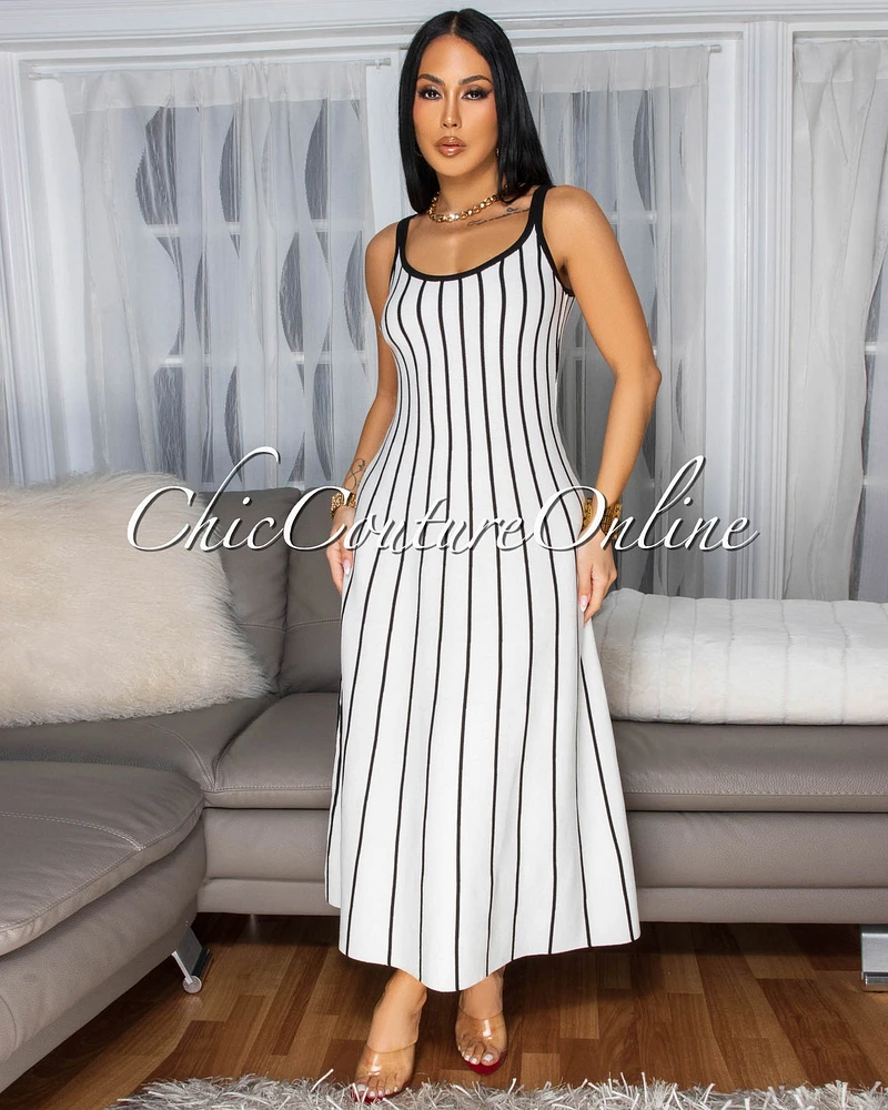 Farida Off-White Black Stripe Knit Midi Dress