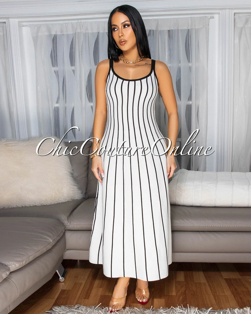 Farida Off-White Black Stripe Knit Midi Dress