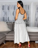 Farida Off-White Black Stripe Knit Midi Dress