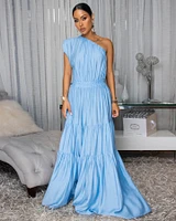 Belkys Baby Blue Single Shoulder Tiered Maxi Dress