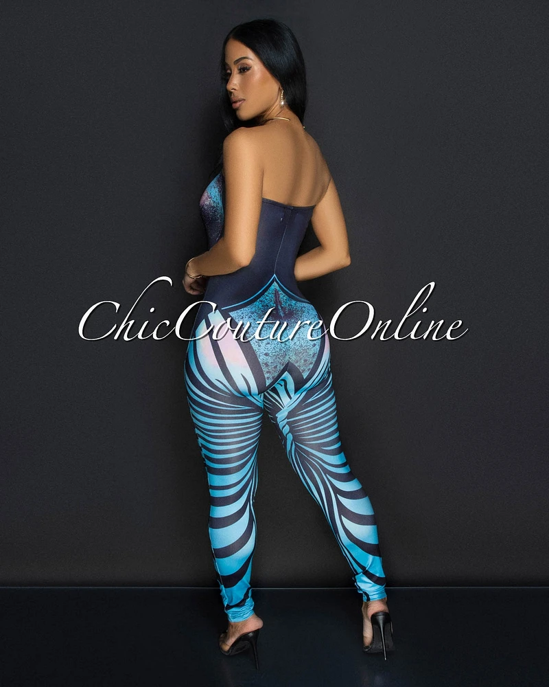 Kyana Blue Black Strapless Bodycon Jumpsuit