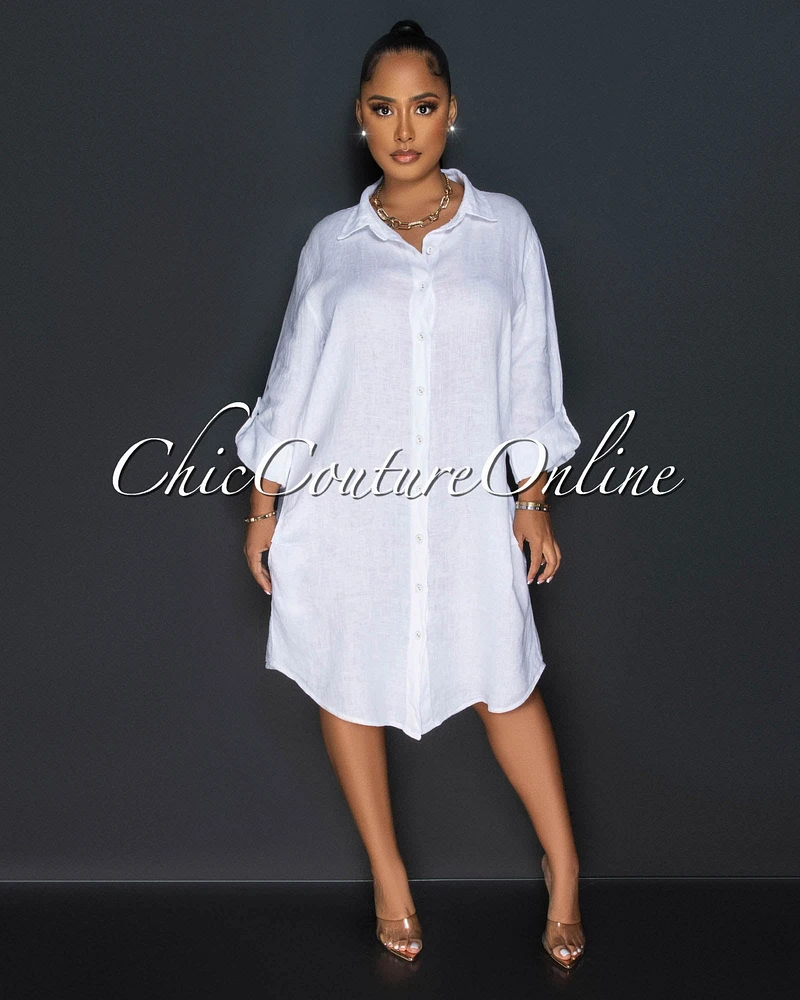 Cheyenne White Front Buttons Shirt LINEN Midi Dress