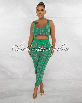 *Celeste Green Pink Fret Print Crop Top & Leggings Knit Set