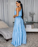 Belkys Baby Blue Single Shoulder Tiered Maxi Dress