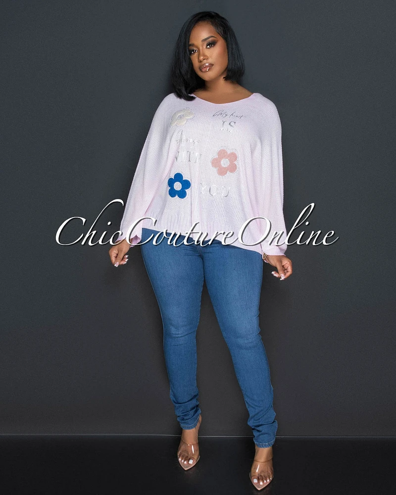 *Lucian Pink Flowers Accent Knit Sweater