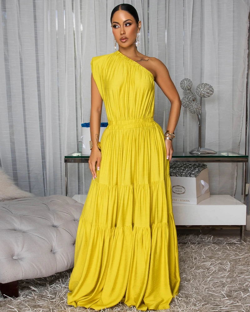 Belkys Chartreuse Single Shoulder Tiered Maxi Dress