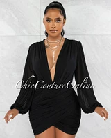 Stephen Black Deep-V Mesh Ruched Dress