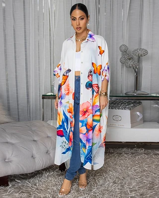 Celestina Off-White Multi-Color Butterfly Floral Print Maxi Dress