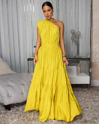 Belkys Chartreuse Single Shoulder Tiered Maxi Dress