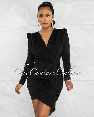 *Graciela Black Deep-V Ruffle Accent Dress