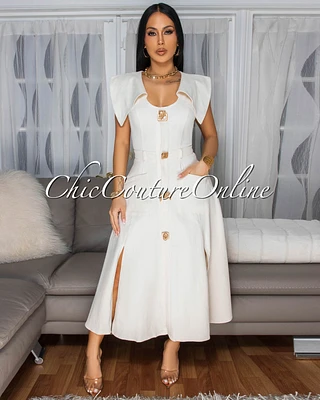 Selina Ivory Gold Buttons Flare Midi Dress