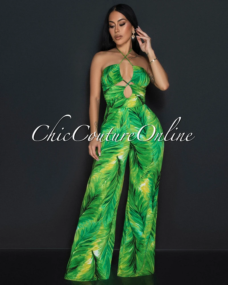 Lille Green Leaf Print Halter Cut-Out Jumpsuit