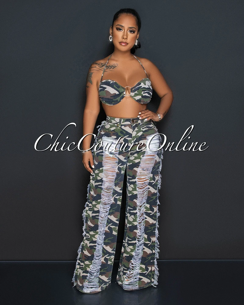 *Deslyn Camo Denim Bra Top & Distressed Mom Jeans Set