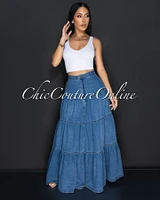 Carla Dark Blue Tier Denim Maxi Skirt