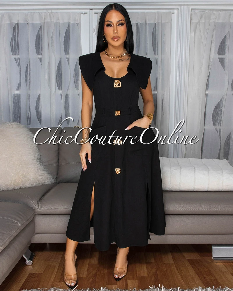 Selina Black Gold Buttons Flare Midi Dress