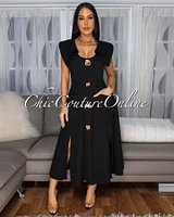 Selina Black Gold Buttons Flare Midi Dress