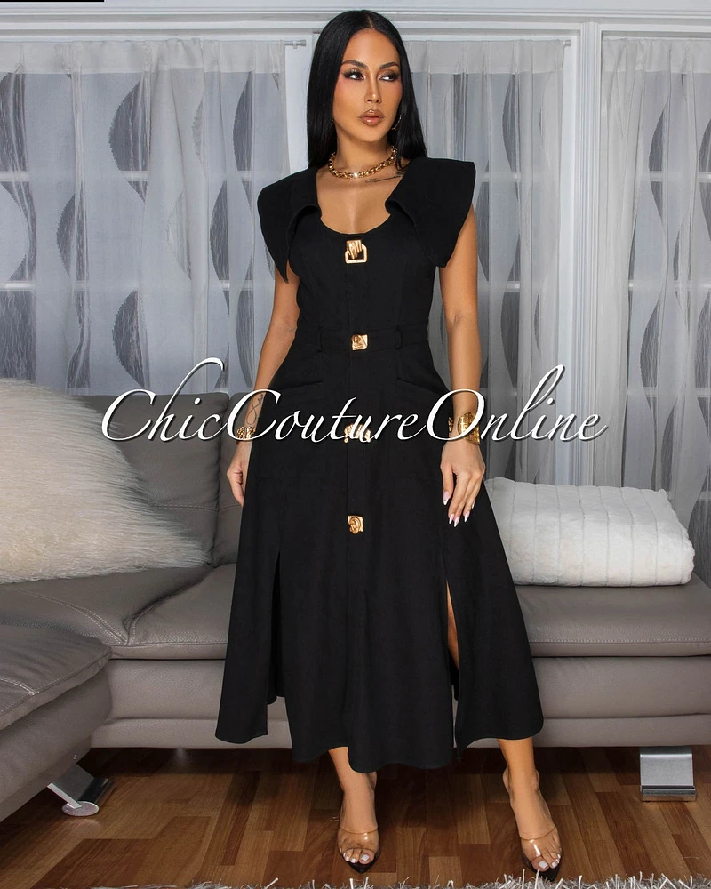 Selina Black Gold Buttons Flare Midi Dress