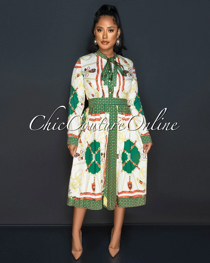 Feliciana Cream Green Print Pleated Shirt Midi Dress