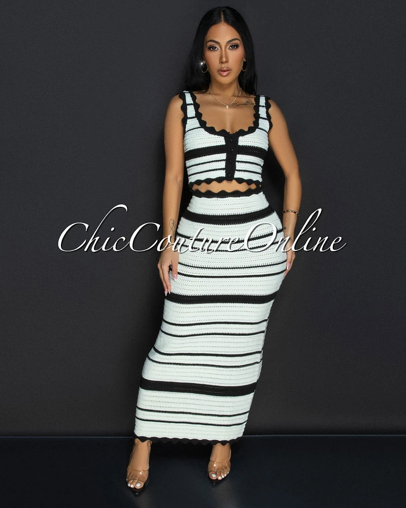 Karifa Off-White Black Crop Top & Maxi Skirt Crochet Set