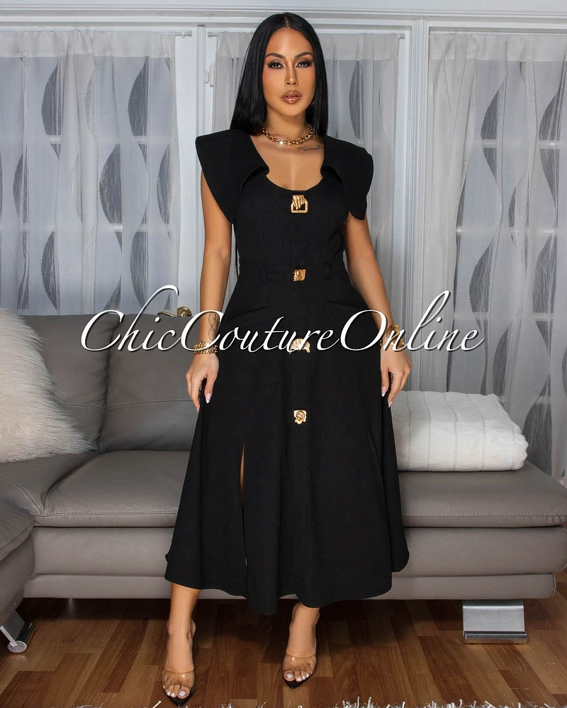 Selina Black Gold Buttons Flare Midi Dress