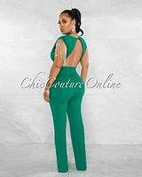 Grazia Hunter Green Rhinestones Fringe Open Back Jumpsuit