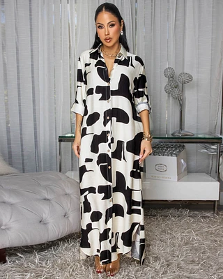 Quinn Black Cream Print Maxi Shirt Dress