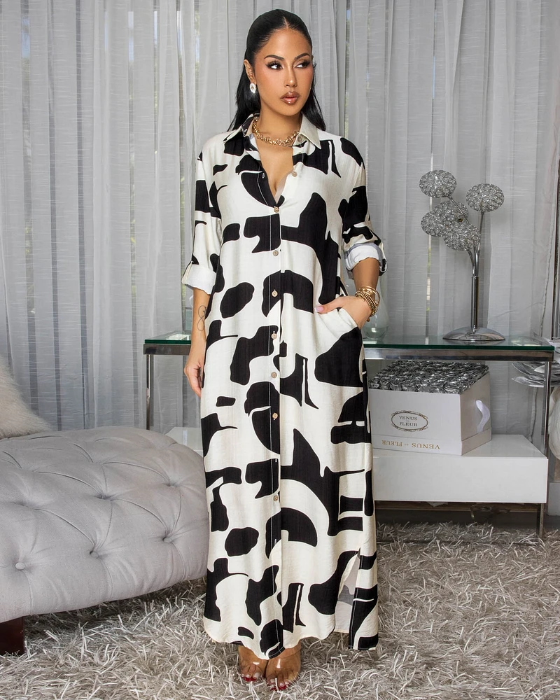 Quinn Black Cream Print Maxi Shirt Dress